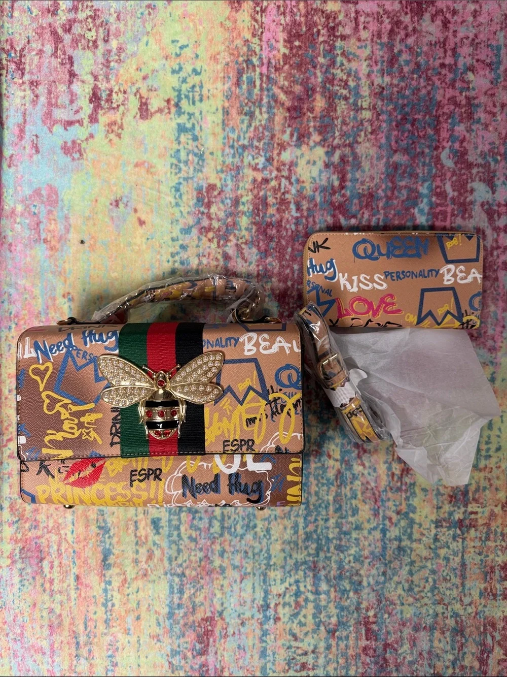 Tan Graffiti Bee-Embellished Shoulder Bag